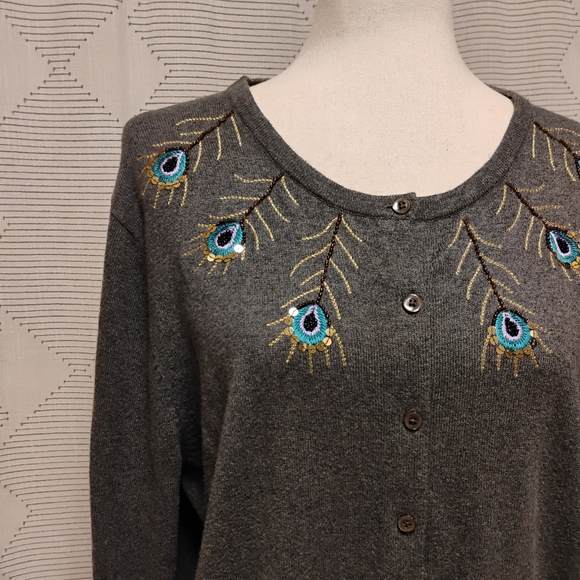 Lands' End Gray Embroidered Women's Cardigan Sweater Size XL 18-20 - Picture 2 of 7